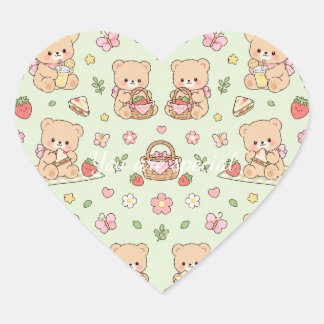 Cute Kawaii Teddy Bear Strawberry Picnic Pattern Herz-Aufkleber