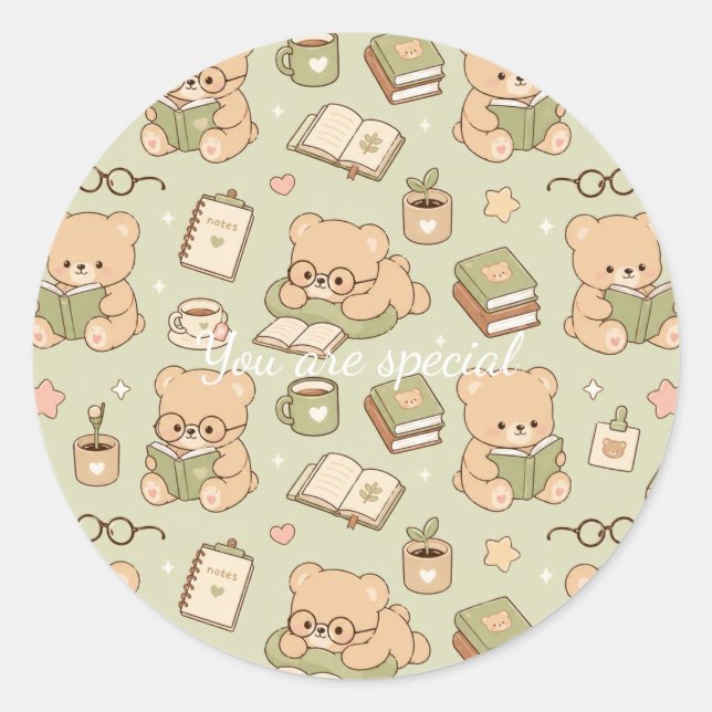 Cute Kawaii Teddy Bear Study Pattern | Cozy Readin Runder Aufkleber (Vorderseite)
