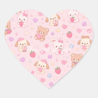Cute Kawaii Teddy Bears & Strawberries Pattern Herz-Aufkleber