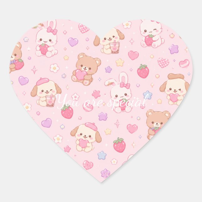 Cute Kawaii Teddy Bears & Strawberries Pattern  Herz-Aufkleber (Vorderseite)
