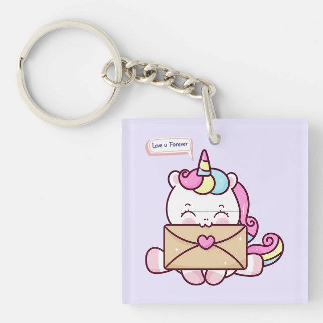 Cute Kawaii Unicorn Love Illustration Schlüsselanhänger (Vorderseite)