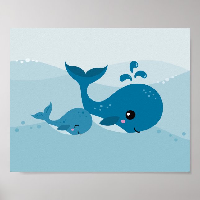 Cute kawaii whales swimming in soft blue waves poster (Vorne)