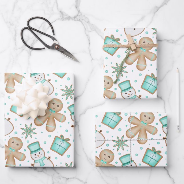Cute Kids Blue Christmas Gingerbread Man Geschenkpapier Set (Vorderseite)