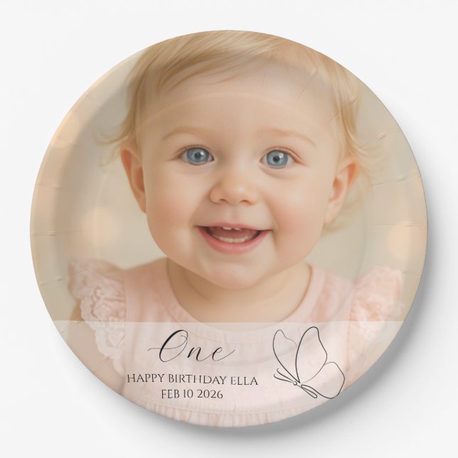 Cute Kid's First Birthday Party With Custom Photo Pappteller (Vorderseite)