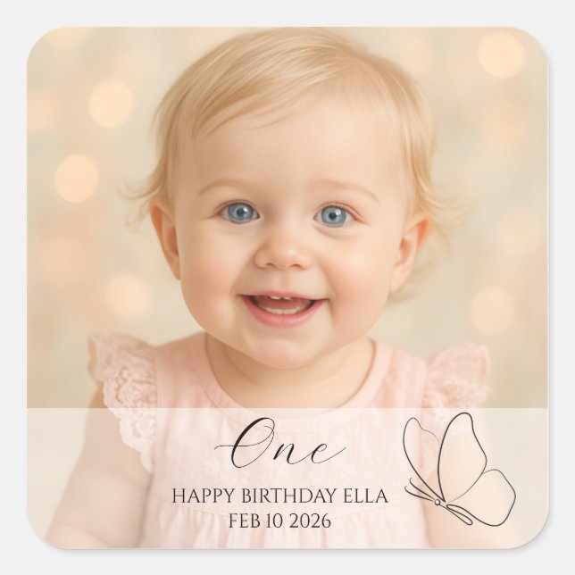 Cute Kid's First Birthday Party With Custom Photo Quadratischer Aufkleber (Vorderseite)