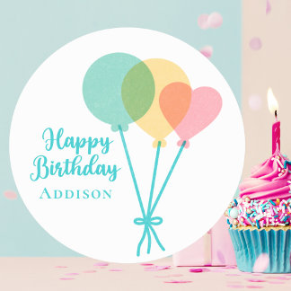Cute Kids Girls Rainbow Balloons Happy Birthday  Runder Aufkleber