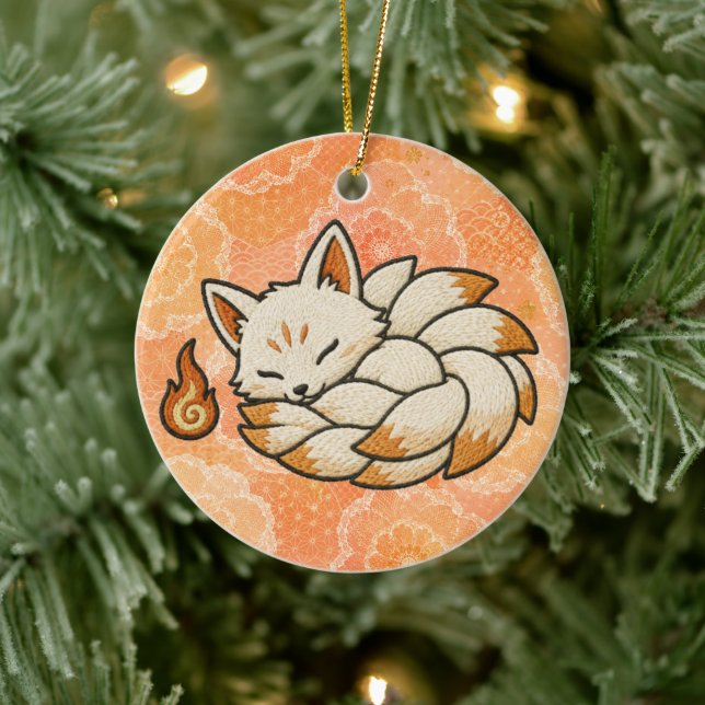 Cute Kitsune Nine Tailed Fox Japanese Folklore Keramik Ornament (Baum)