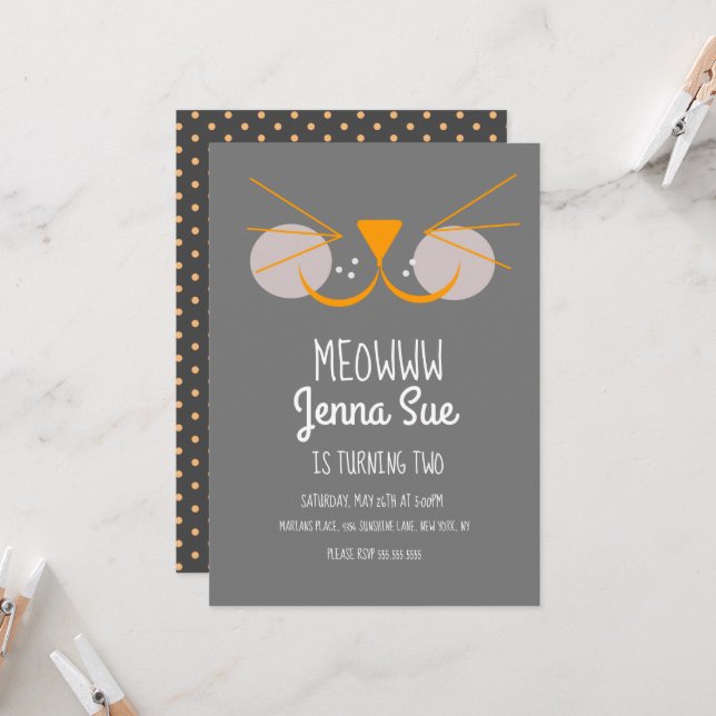 Cute Kitten Anniversaire Fête Grey Chat Invitation (Devant/Arrière en situation)