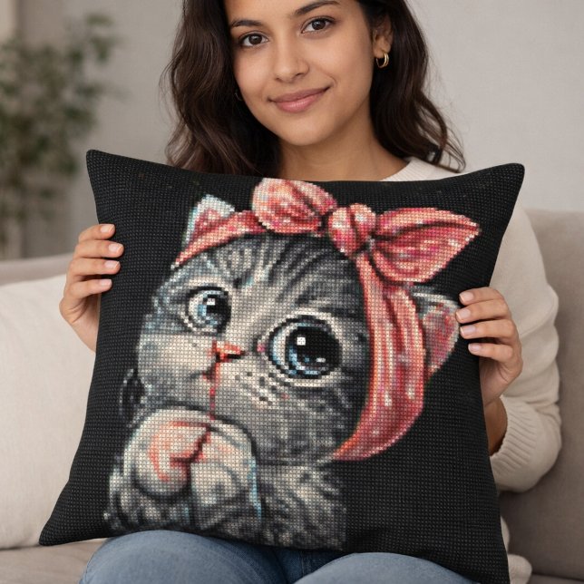 Cute Kitten Bow Cross Stitch Throw Pillow Kissen (Von Creator hochgeladen)