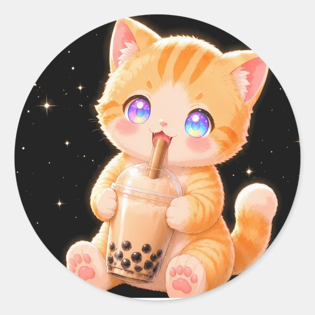 Cute Kitten & Bubble Tea Runder Aufkleber (Vorderseite)
