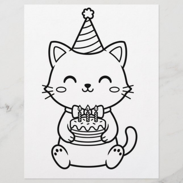 Cute Kitten Cat Birthday Coloring Page | Kawaii Flyer (Vorne)
