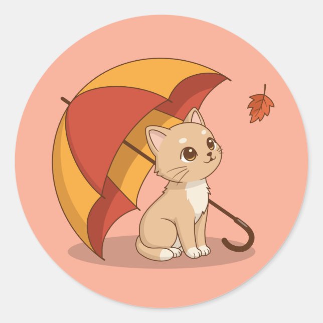 Cute Kitten Cat Red Yellow Umbrella Fall Pink Runder Aufkleber (Vorderseite)