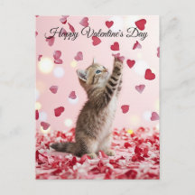 Cute Kitten Catching Valentine Heart Petals