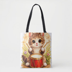 Cute Kitten Drum Tote Bag Kawaii Cat Music Tasche