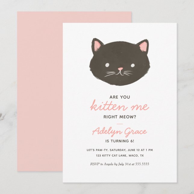 Cute Kitten Girl Anniversaire Invitation (Devant / Derrière)