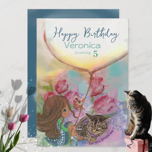 Cute Kitten Girl tulips Carte d'anniversaire