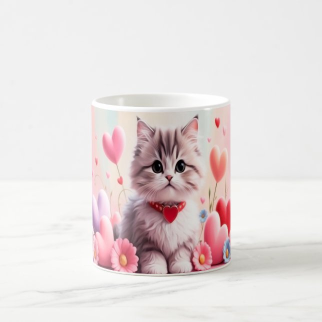 Cute kitten hearts flowers kaffeetasse (Mittel)