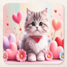 Cute kitten hearts flowers rechteckiger pappuntersetzer