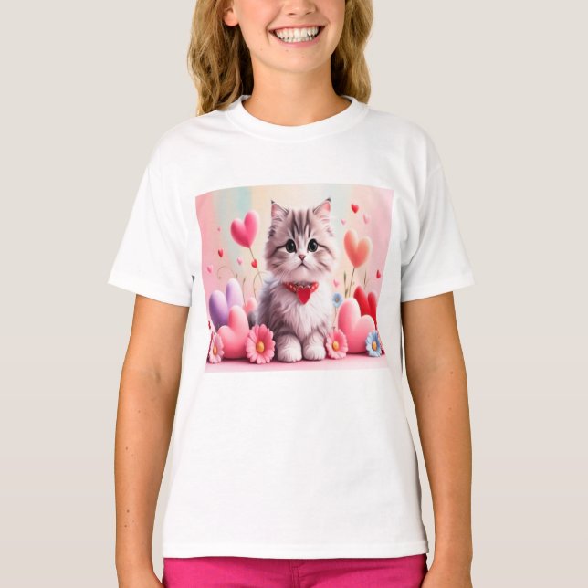 Cute kitten hearts flowers T-Shirt (Vorderseite)
