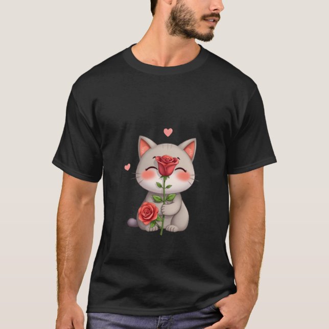 Cute Kitten Holding Red Rose Love Valentine Art 🌹 T-Shirt (Vorderseite)