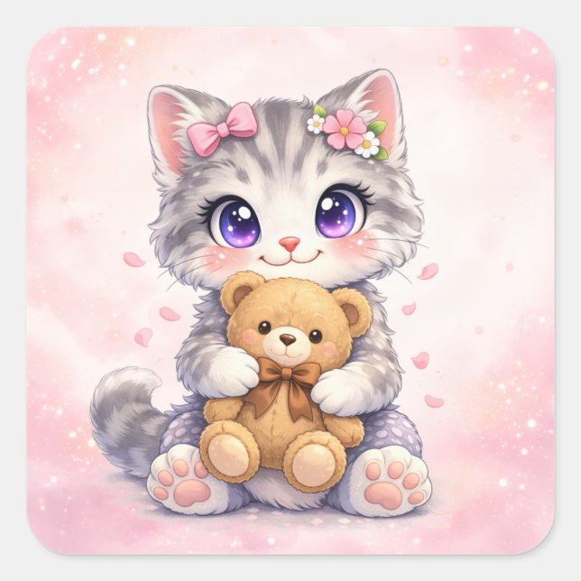 Cute Kitten Hugging Teddy Bear Square Sticker (Vorderseite)
