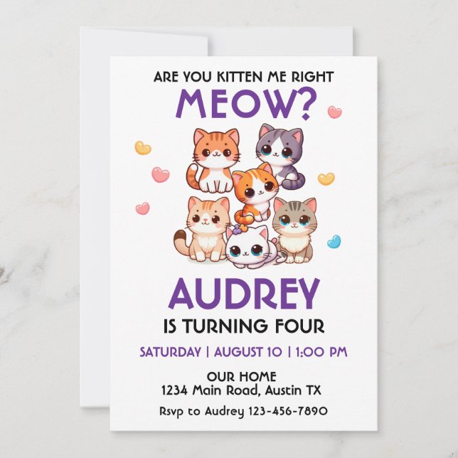 Cute Kitten Invitation Anniversaire (Devant)