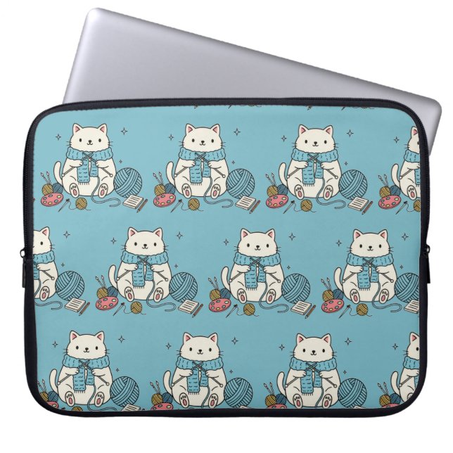 Cute Kitten Knitting Blue Pattern Tech Accessory Laptopschutzhülle (Vorderseite)