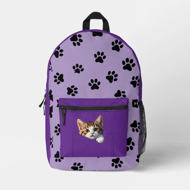 Cute Kitten Peeking Purple Paw Print Backpack Bedruckter Rucksack (Vorderseite)