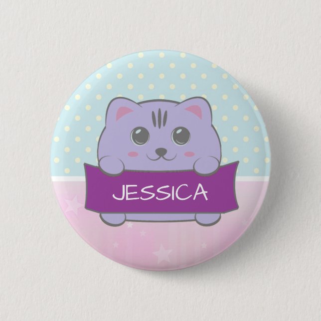 Cute Kitten Personalised Polka Dot Button (Vorderseite)
