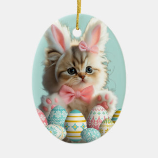 Cute Kitten Photo Bunny Ears Blue Keramik Ornament