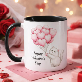 Cute Kitten Pink Heart Balloons Valentine’s Day Tasse