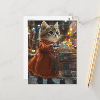 Cute Kitten Shopping For Groceries Postkarte