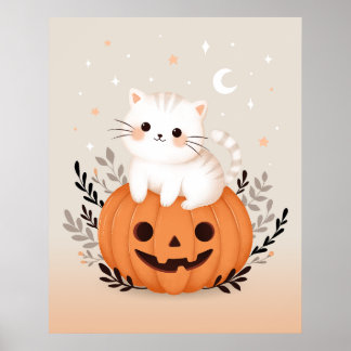 Cute Kitten Sitting On Pumpkin Modern Halloween  Poster