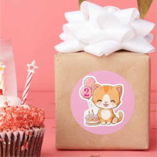 Cute Kitten w Balloons, 2nd Birthday Runder Aufkleber