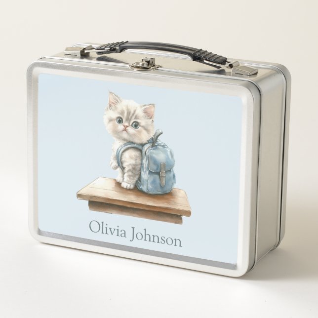 Cute Kitten with Backpack Personalized Metall Brotdose (Vorderseite)