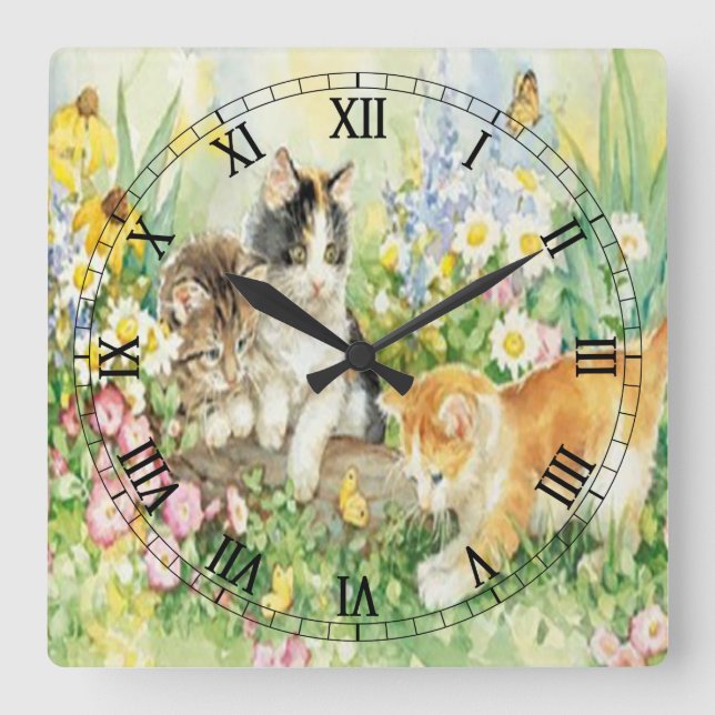 Cute Kittens Carré Numéros romains Horloge (Recto)