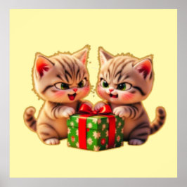 **Cute Kittens Fighting Over a Gift – Funny Christ Poster