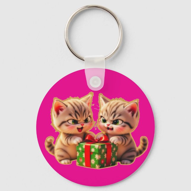 **Cute Kittens Fighting Over a Gift – Funny Christ Schlüsselanhänger (Vorderseite)