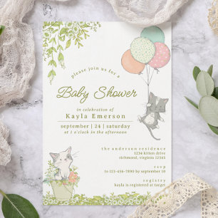 Cute Kittens & Floral   Neutral Spring Baby Shower Einladung