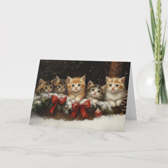 Cute Kittens in Christmas Garland Feiertagskarte (Vorderseite)