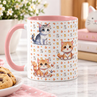 Cute Kittens & Paw Prints Pink Coffee Mug Tasse