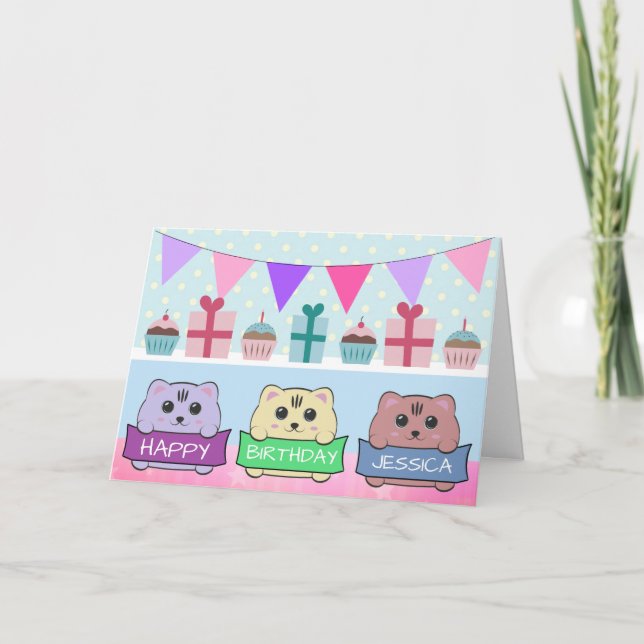Cute Kittens Personalised Happy Birthday Karte (Vorderseite)