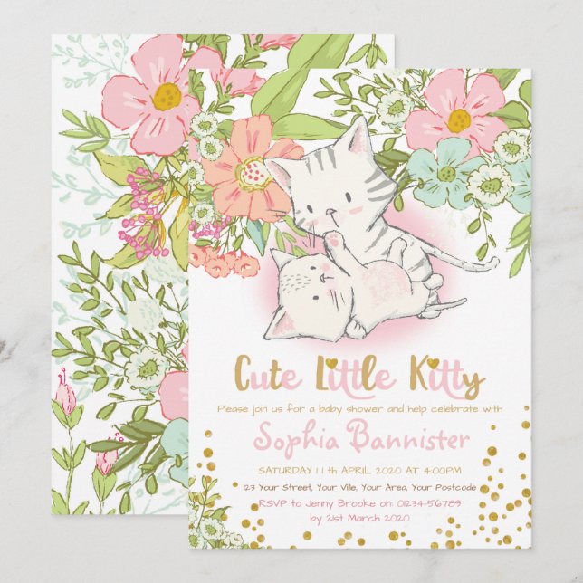 Cute Kitty Baby shower Invitation fille (Devant / Derrière)