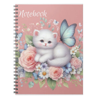 Cute Kitty Blanc, Papillons Et Carnet Fleurs