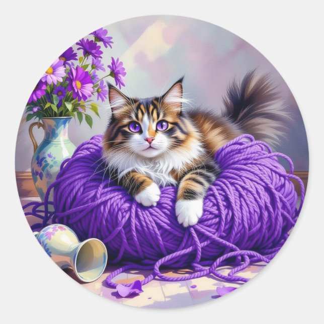 Cute Kitty Cat in Ball of Purple Yarn Runder Aufkleber (Vorderseite)