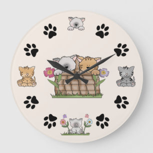 Cute Kitty Cats and Paw Prints Große Wanduhr