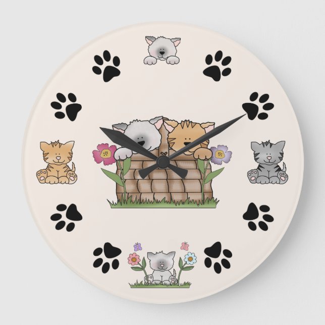 Cute Kitty Cats and Paw Prints Große Wanduhr (Vorderseite)
