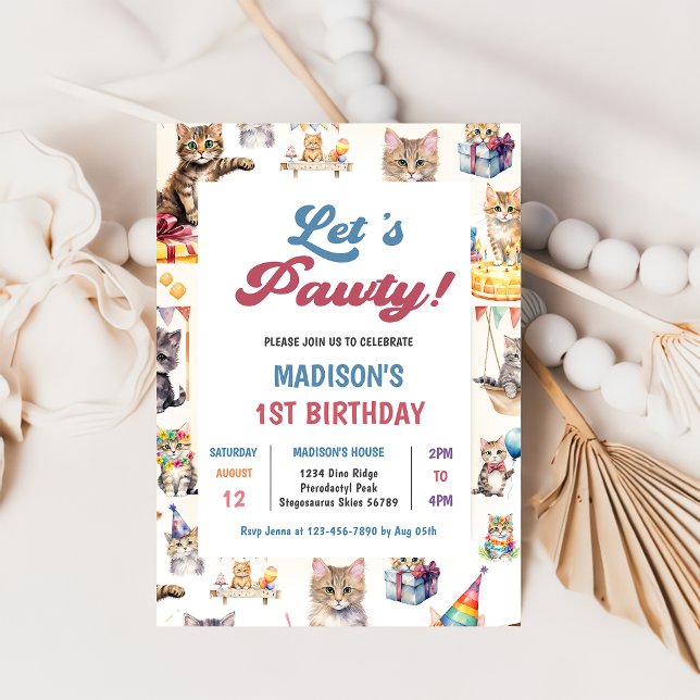 Cute Kitty Chat 1er Anniversaire Fête Invitation (Créateur téléchargé)