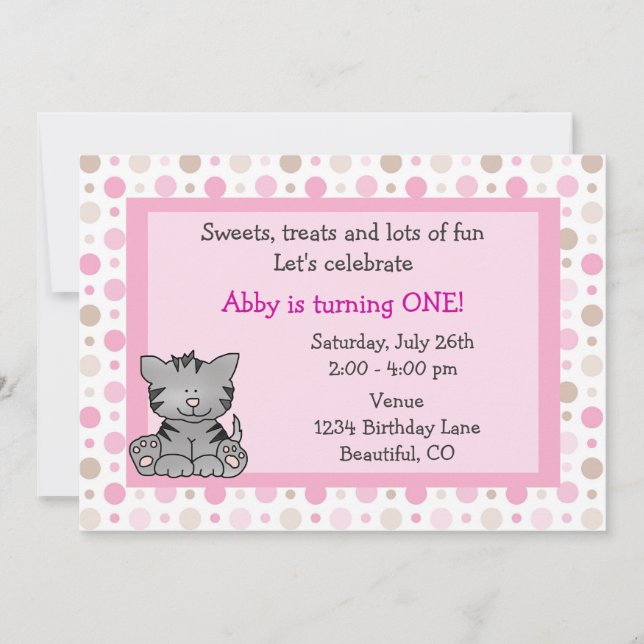 Cute Kitty Chat 1er Anniversaire Invitation pour f (Devant)