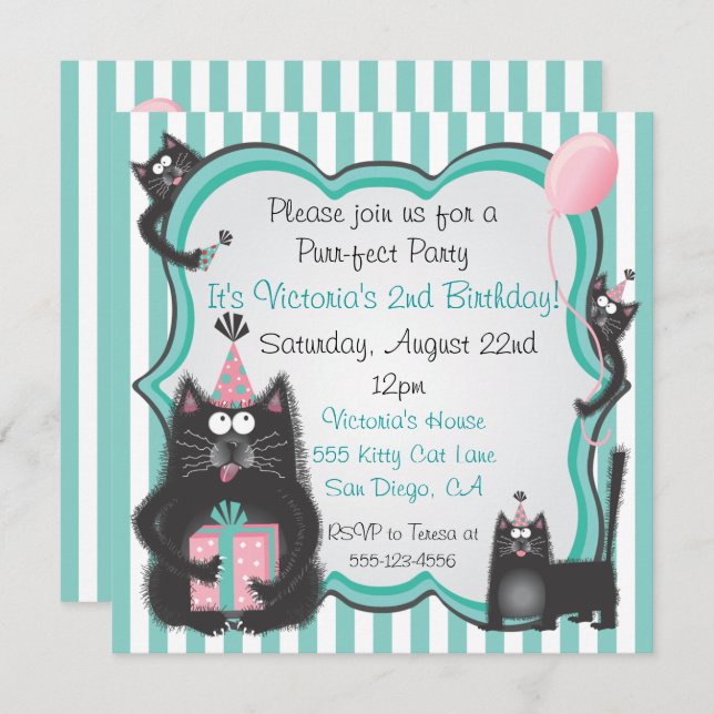 Cute Kitty Chat Anniversaire Fête Invitation (Devant / Derrière)